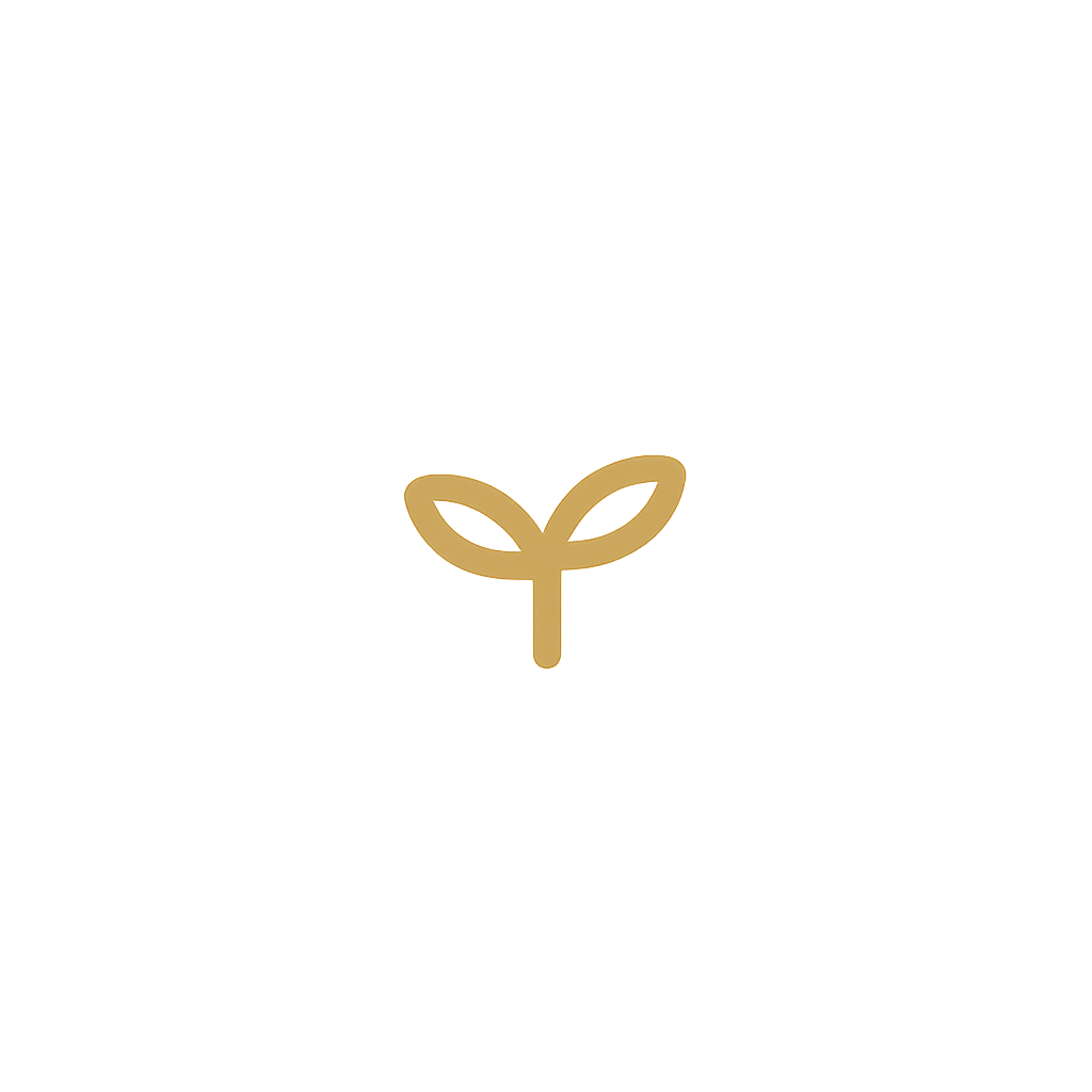 Minimal golden sprout icon symbolizing gentle growth and healing, used as the Rebloom Studio brand mark.